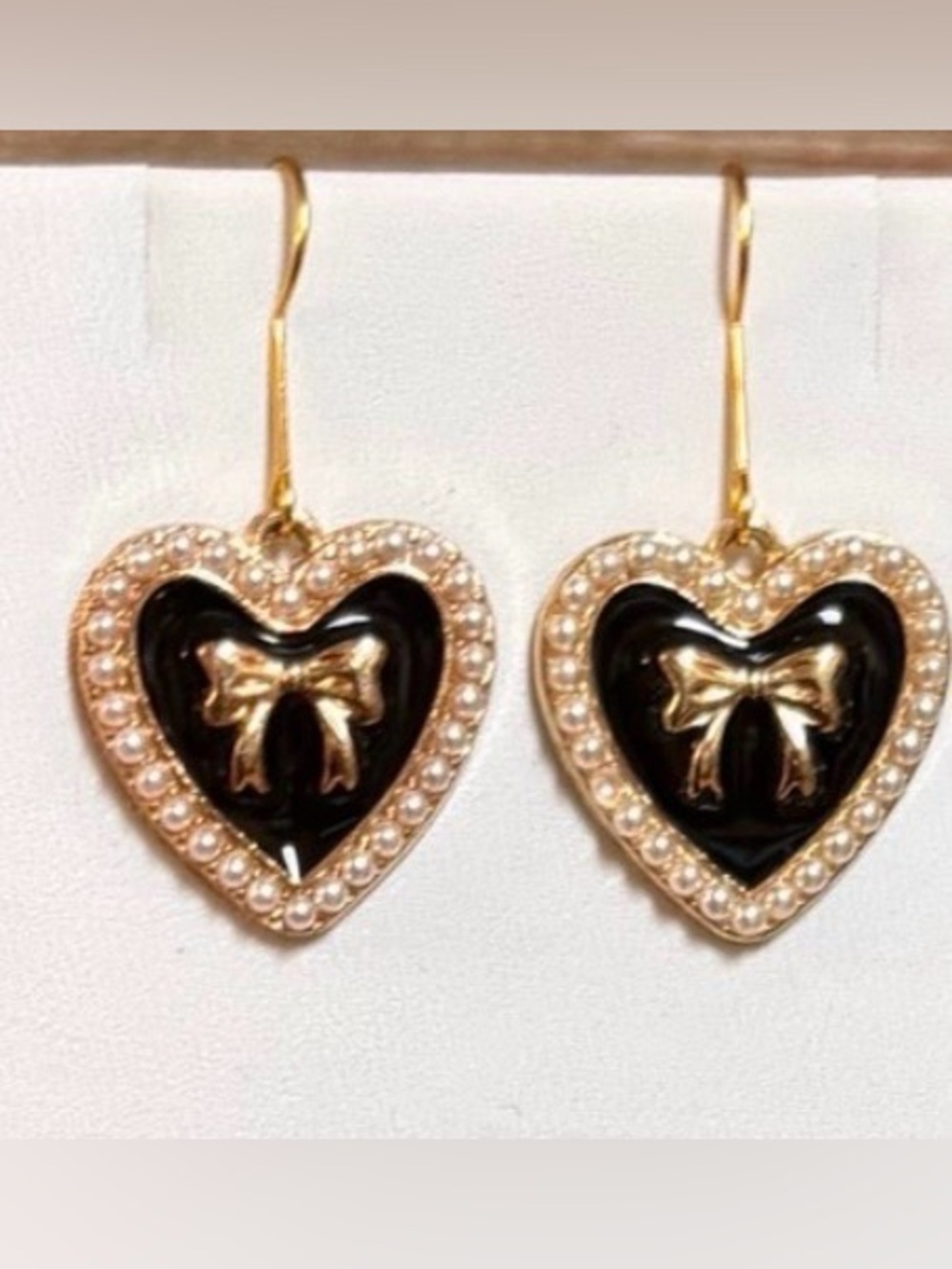 New Pearl trimmed Gold Heart Drop Earrings with Black Enamel